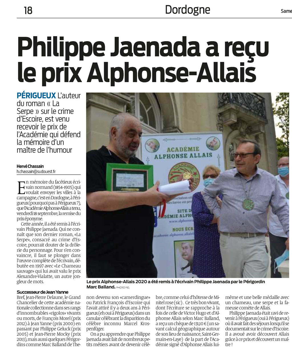 Philippe Jaenada prix Alphonse Allais
